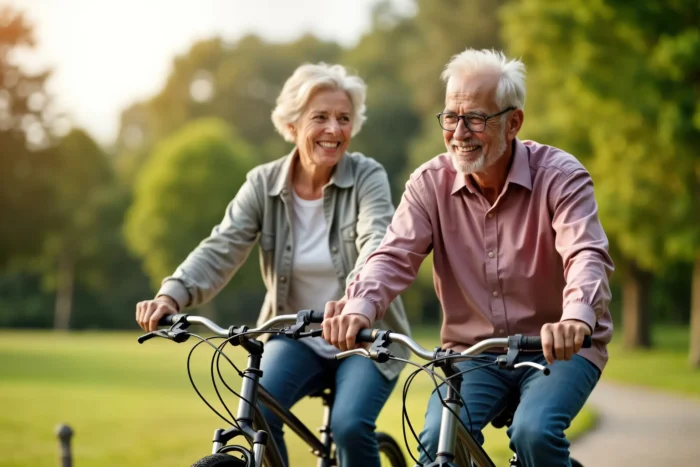 A grey haired man and woman smiling and cycling through a park.