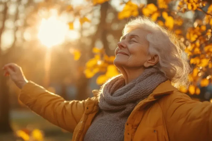 An elderly woman with her eyes closed, face upturned towards the sky and arms raised at her sides enjoys the autumn sunshine.