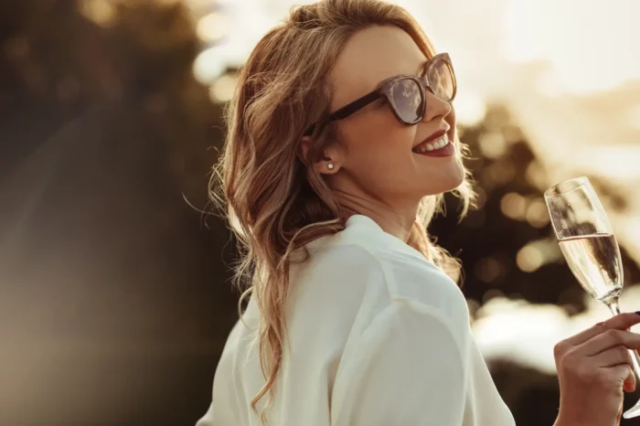 A woman in sunglasses holds a glass of champagne.