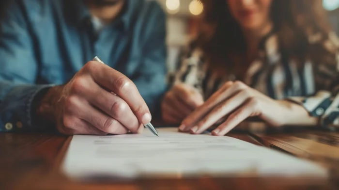 Two people sit in front of a paper form filling it out with a pen together.