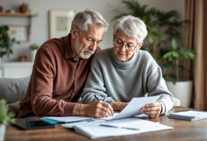 An elderly couple sit in their living room completing paperwork together.