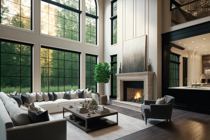 A grand room with double height ceilings and large windows looking out to greenery. Inside the rooms is a grand fire place and large sofa with kitchen to one side.