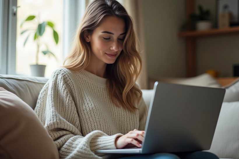 Woman on a sofa using a laptop